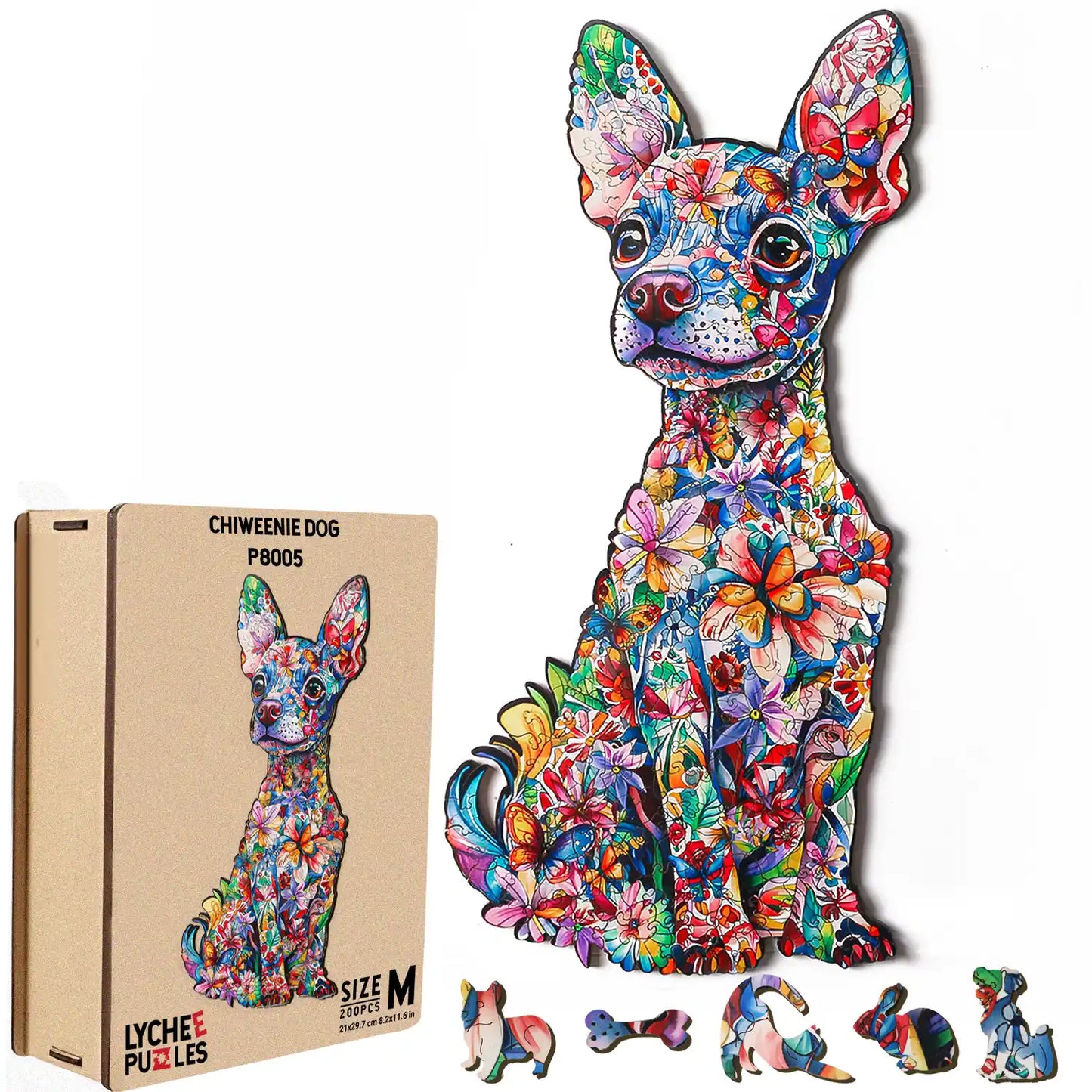 The lycheepuzzles 200-piece Wooden Puzzle for Adults, featuring a colorful floral-patterned small dog design, is crafted from unique wood pieces for stress relief and sits beside its box.