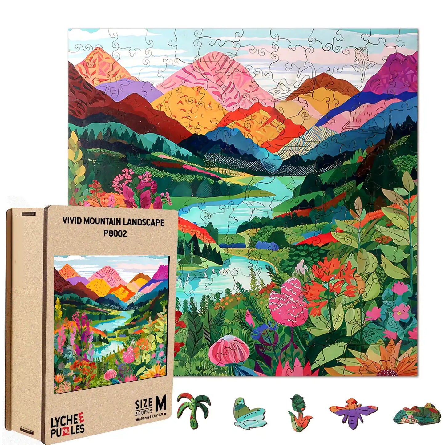 The Mountain Abstract Wooden Jigsaw Puzzle by lycheepuzzles, featuring 200 pieces, offers a captivating scene of a vibrant mountain landscape adorned with colorful flowers and a serene lake. Accompanied by its box and several animal-shaped puzzle pieces, this stress-relief puzzle includes uniquely shaped components that make it as enjoyable to assemble as it is to showcase.