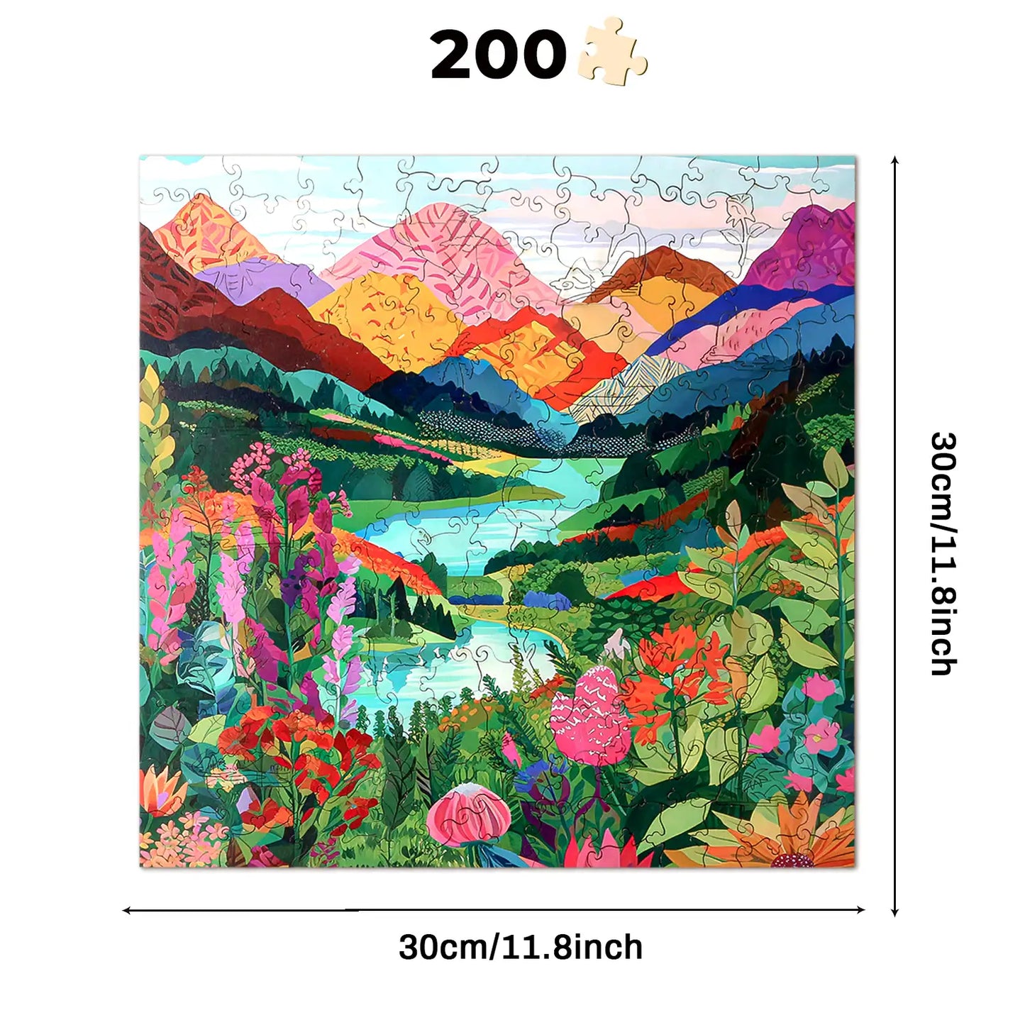 Indulge in stress relief with the Mountain Abstract Wooden Jigsaw Puzzle from lycheepuzzles. This vibrant jigsaw puzzle features stunning landscapes of mountains, forests, and flowers with uniquely shaped pieces. With 200 intricate wooden pieces, measuring 30 cm by 30 cm, it offers a challenging and delightful experience for adult puzzlers.