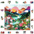 The "Mountain Abstract Wooden Jigsaw Puzzle for Adults" by lycheepuzzles is a vibrant puzzle with 200 uniquely shaped wooden pieces, featuring a dynamic landscape of mountains, forests, and a river. However, please note that some pieces are missing from this playful stress-relief puzzle.