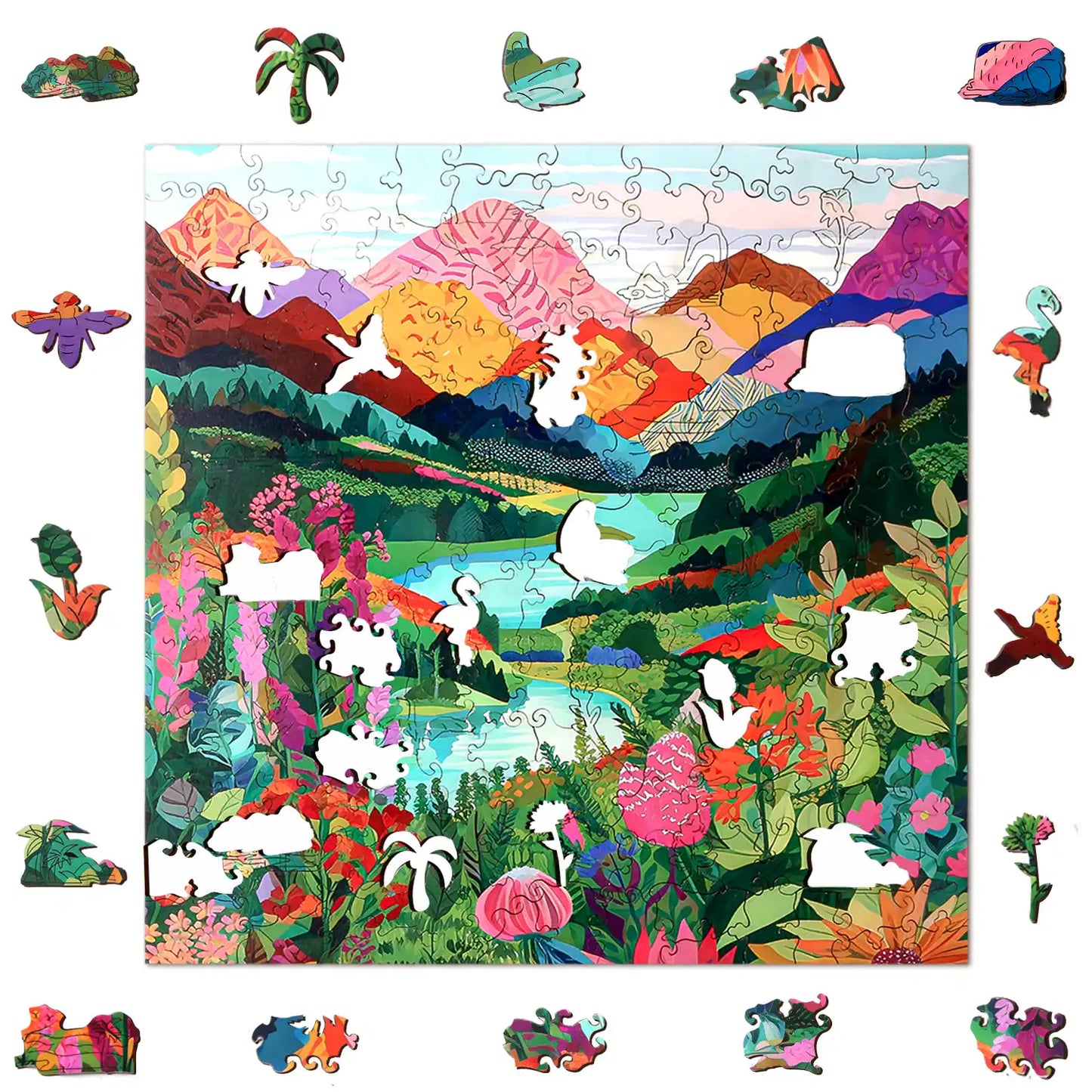 The "Mountain Abstract Wooden Jigsaw Puzzle for Adults" by lycheepuzzles is a vibrant puzzle with 200 uniquely shaped wooden pieces, featuring a dynamic landscape of mountains, forests, and a river. However, please note that some pieces are missing from this playful stress-relief puzzle.