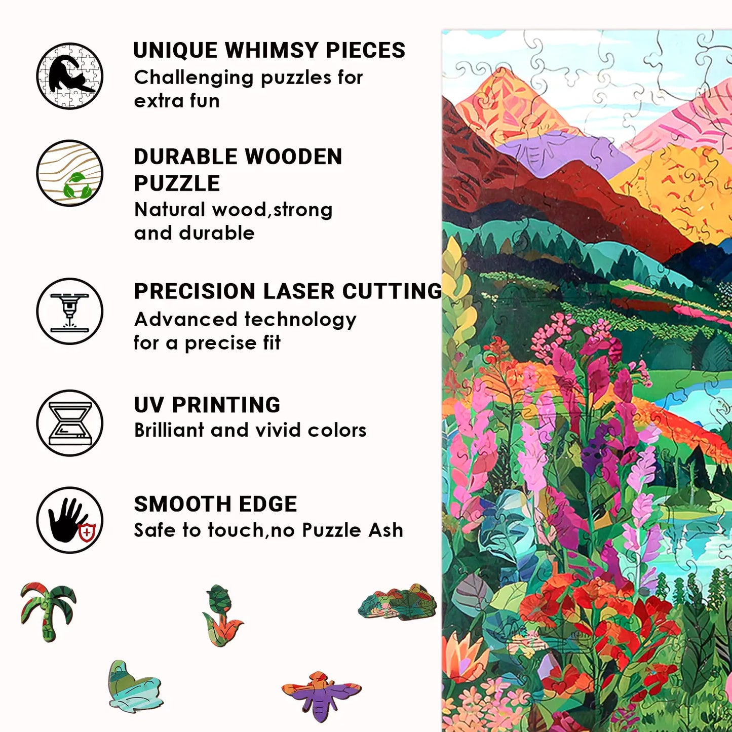 Discover the Mountain Abstract Wooden Jigsaw Puzzle for Adults by lycheepuzzles, featuring 200 pieces crafted with unique whimsical shapes. This colorful puzzle is designed with wooden pieces that boast precision laser cutting, UV printing, and smooth edges. Enjoy a visual treat while finding stress relief and relaxation through this beautifully crafted wooden puzzle.