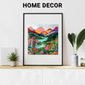 Framed colorful landscape artwork displayed on a wooden shelf alongside plants and a lycheepuzzles Mountain Abstract Wooden Jigsaw Puzzle for Adults with 200 pieces, under the text "HOME DECOR.