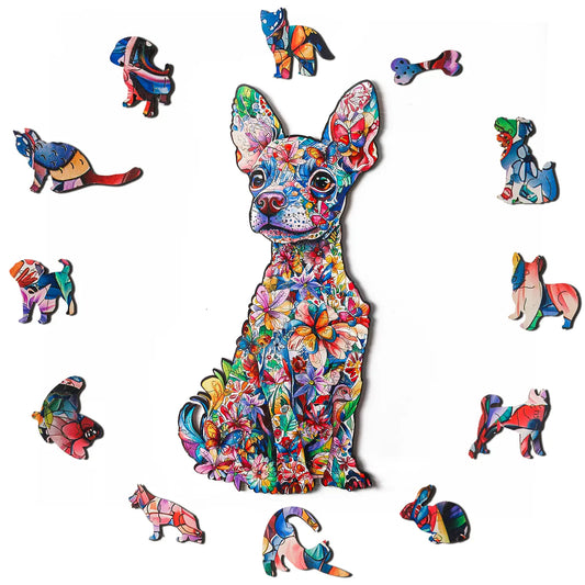 The Dachshund Puzzle from lycheepuzzles features a vibrant floral-patterned dog silhouette surrounded by an array of small animal-shaped wooden pieces, providing a unique form of stress relief for adults.