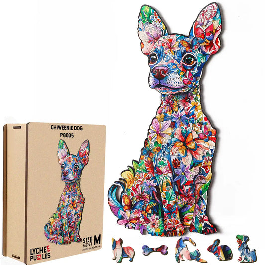 The colorful floral wooden puzzle by lycheepuzzles features a small dog resembling a dachshund, with various shaped pieces prominently visible. The box to the left showcases the completed image. Ideal for stress relief, this 200-piece adult puzzle also includes delightful animal-shaped pieces that add an extra touch of whimsy.