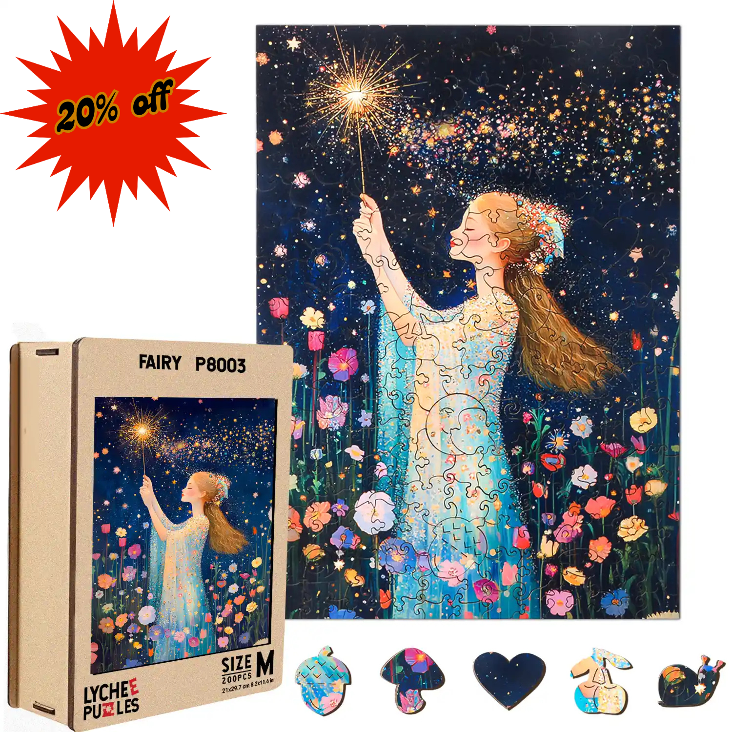 The Magic Fairy Wooden Jigsaw Puzzles by lycheepuzzles, featuring a completed fairy-themed scene with a starry night and floral design, are displayed alongside uniquely shaped puzzle pieces. A "20% off" label is prominently shown in the corner, making it an ideal gift for stress relief.