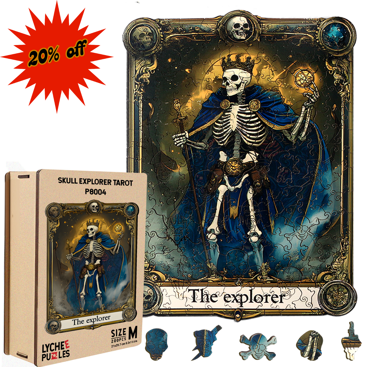 The "Wooden Puzzles for Adults" by lycheepuzzles, featuring 200 uniquely irregular pieces, presents "The Explorer," a skull-themed tarot puzzle. This creative gift showcases a skeleton in regal attire on the completed puzzle image and includes distinctively shaped pieces. A tempting red "20% off" label in the corner adds to the allure of this wooden stress-relief puzzle ideal for teenagers and adults.