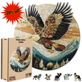 The Lycheepuzzles 200pcs Tribal Eagle Wooden Jigsaw Puzzle for Adults by lycheepuzzles is beautifully showcased against a stunning mountain backdrop. The puzzle box is placed nearby, accompanied by five uniquely shaped animal pieces. Take advantage of a 20% discount on this relaxing stress-relief puzzle.