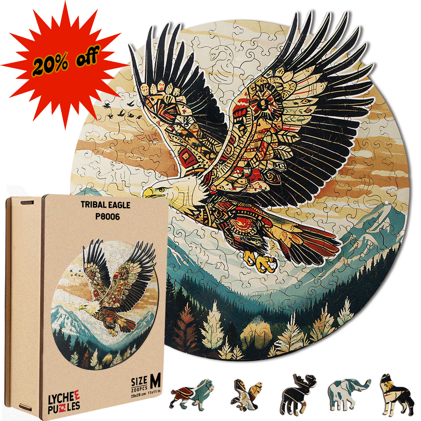 The Lycheepuzzles 200pcs Tribal Eagle Wooden Jigsaw Puzzle for Adults by lycheepuzzles is beautifully showcased against a stunning mountain backdrop. The puzzle box is placed nearby, accompanied by five uniquely shaped animal pieces. Take advantage of a 20% discount on this relaxing stress-relief puzzle.