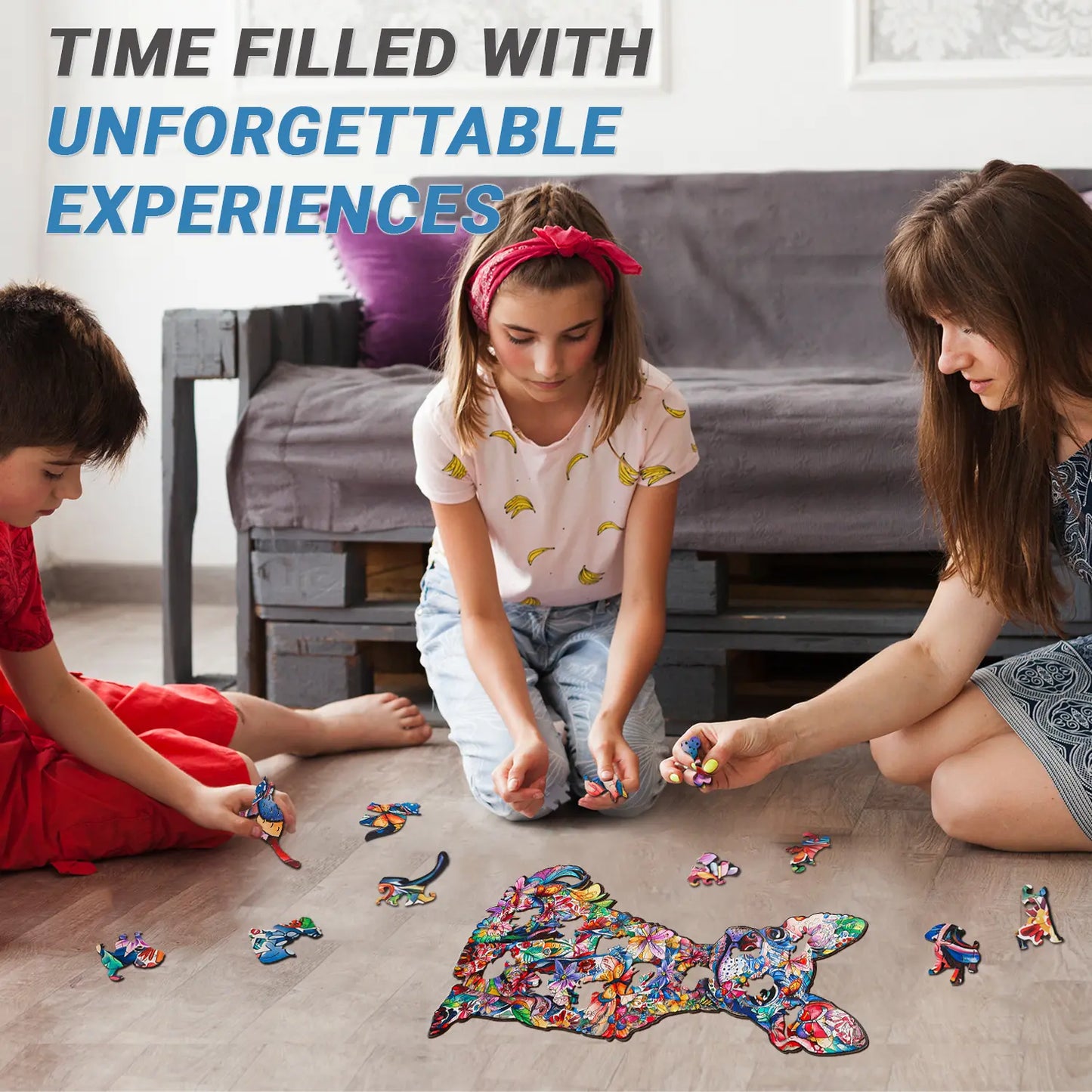 A woman and two children piece together the vibrant lycheepuzzles Dachshund Puzzle Animal Dog Wooden Puzzles for Adults, 200 Piece, on the floor, with the words "TIME FILLED WITH UNFORGETTABLE EXPERIENCES" displayed above them.