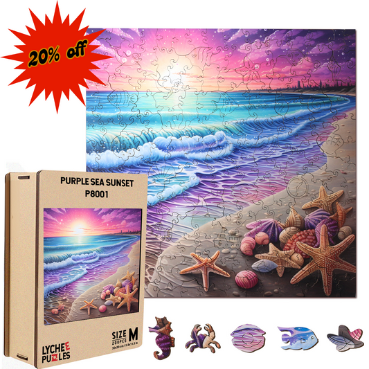 Introducing the lycheepuzzles Wooden Puzzle: Beach Starfish Sea Sunset Jigsaw Puzzle, featuring an enchanting purple sea sunset adorned with starfish and seashells. This 200-piece wooden puzzle boasts unique shapes that provide both challenge and enjoyment. It comes packaged in a box labeled "20% off," making it ideal for relaxation and stress relief.