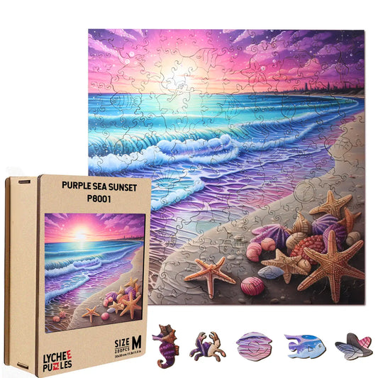 The Wooden Puzzles Beach Starfish Sea Sunset Jigsaw Puzzle by lycheepuzzles displays a purple sea sunset with shells and starfish on the shore. The box highlights the stunning image and the size of the completed puzzle, offering uniquely shaped pieces that provide an engaging stress relief experience.