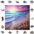 The Wooden Puzzles Beach Starfish Sea Sunset Jigsaw from lycheepuzzles captures a stunning beach-themed scene, featuring a vibrant sunset over the ocean. With pieces shaped like fish, shells, and seahorses, this 200-piece puzzle offers both challenge and relaxation as you assemble this tranquil masterpiece.