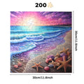 The Wooden Puzzles Beach Starfish Jigsaw Puzzle by lycheepuzzles features a vibrant beach scene complete with waves, a stunning sunset, and seashells. This 200-piece puzzle measures 30x30 cm (11.8x11.8 inches) and provides stress relief through its unique puzzle shapes, making it both challenging and soothing to complete.