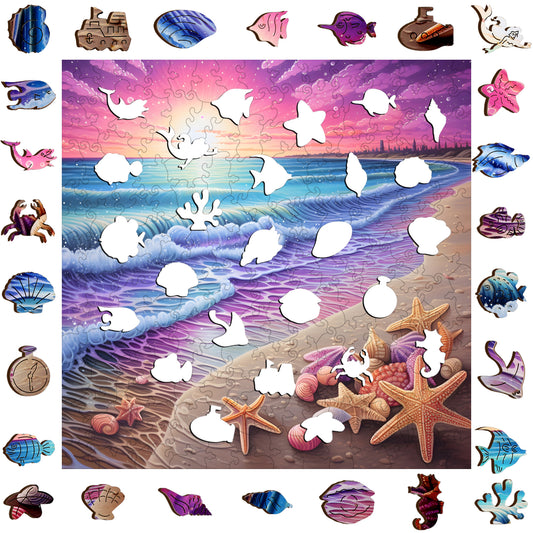 The lycheepuzzles Wooden Puzzles Beach Starfish Sea Sunset Jigsaw offers 200 pieces depicting shells and starfish with unique marine shapes. This stress-relief puzzle provides a calming escape, inviting you to piece together a tranquil scene.