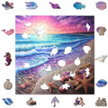 The Wooden Puzzles Beach Starfish Sea Sunset Jigsaw Puzzle by lycheepuzzles, featuring 200 pieces, provides stress relief with its unique sea-themed shapes. The partially assembled puzzle portrays a beach scene at sunset with silhouetted missing pieces.