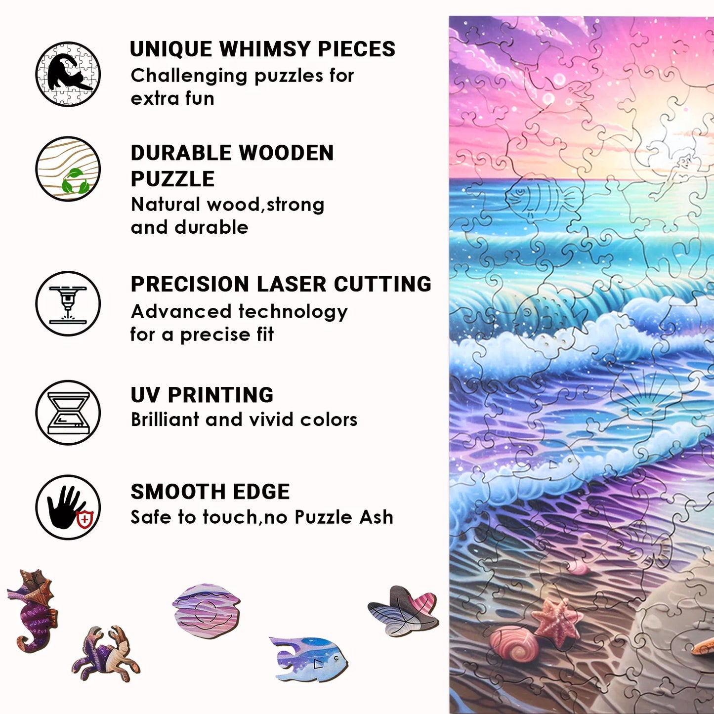 The Wooden Puzzles Beach Starfish Sea Sunset Jigsaw Puzzle by lycheepuzzles offers unique whimsy pieces and stress-relieving qualities, expertly crafted from durable wooden material. Precision laser cutting and UV printing guarantee vivid colors and smooth edges in its ocean-themed design.