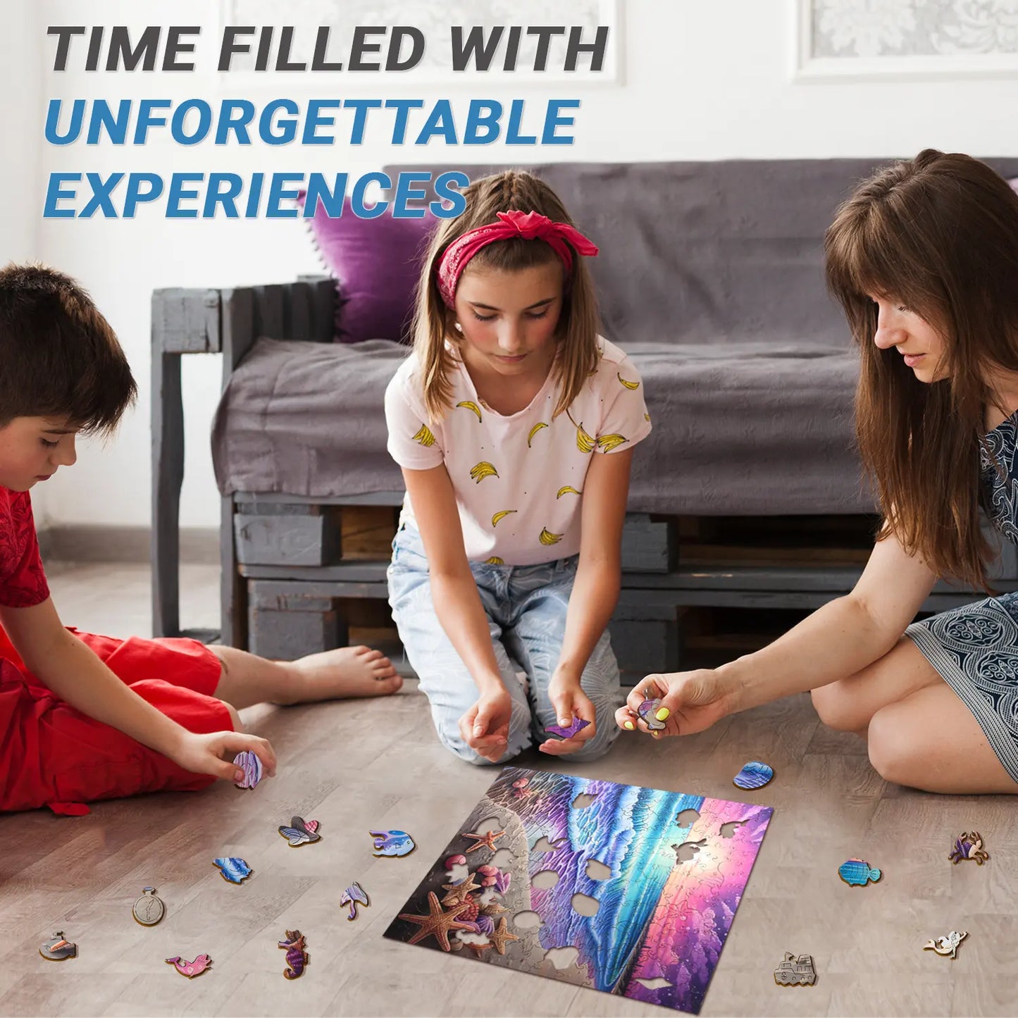 Three children piecing together the lycheepuzzles Wooden Puzzles Beach Starfish Sea Sunset Jigsaw Puzzle on the floor in a living room, with text "TIME FILLED WITH UNFORGETTABLE EXPERIENCES" above them.