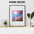 Displayed on a white wall above a wooden shelf adorned with plants and unique shapes, under the text "Home Decor," is the lycheepuzzles' Wooden Puzzles Beach Starfish Sea Sunset Jigsaw Puzzle, featuring 200 pieces.