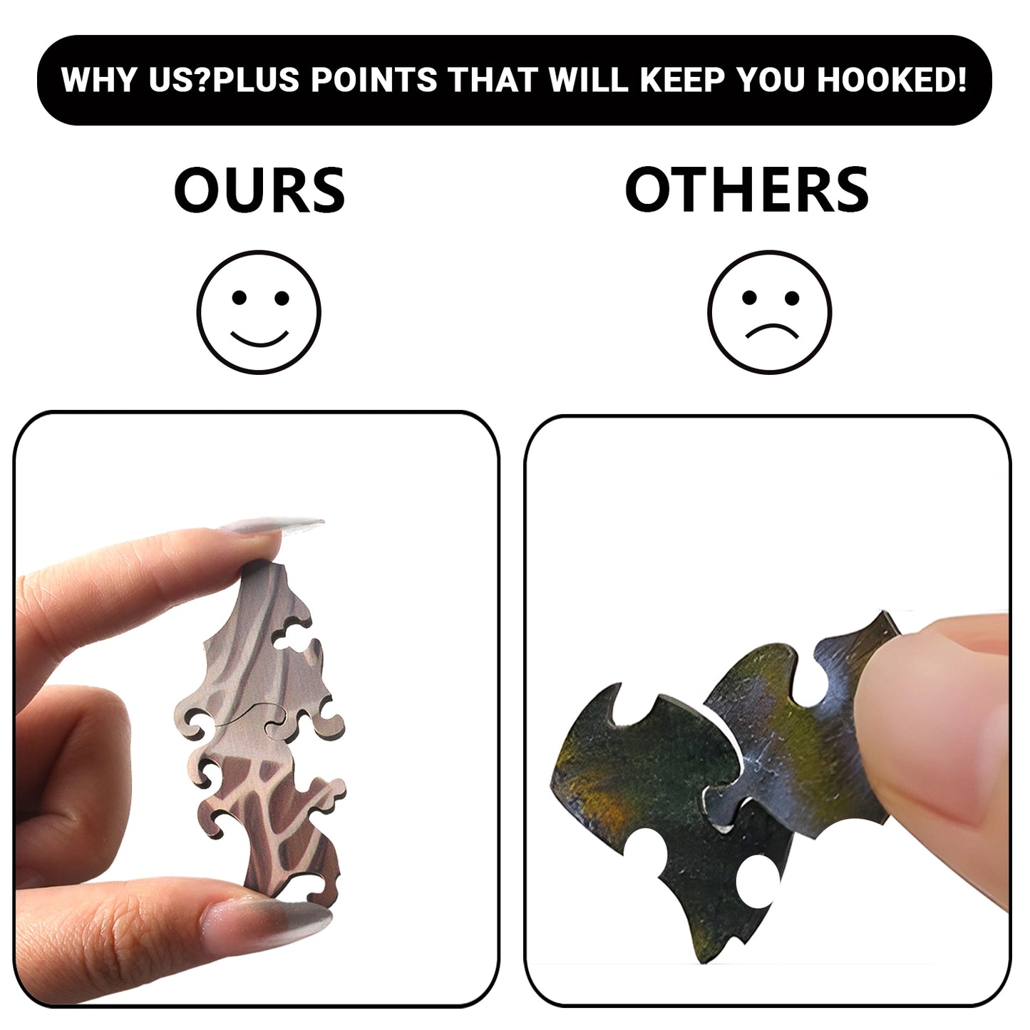 Comparison of puzzle pieces: the left image showcases a smooth-edged, patterned piece with a smiling face, typical of the unique shapes found in the Wooden Puzzles Beach Starfish Sea Sunset Jigsaw Puzzles by lycheepuzzles; meanwhile, the right image features a standard piece with a frowning face, underscoring how diverse designs can enhance stress relief.