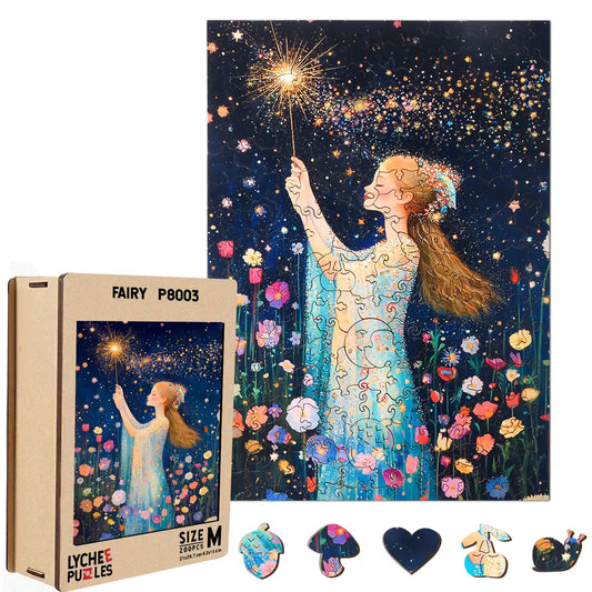 The lycheepuzzles Magic Fairy Wooden Jigsaw Puzzle, featuring 200 pieces, beautifully depicts a woman in a blue dress holding a sparkling wand amidst stars and flowers. This enchanting puzzle not only offers stress relief with its unique piece shapes but also makes the box and pieces as captivating as the scene itself.