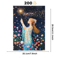 The "Magic Fairy Wooden Jigsaw Puzzles" by lycheepuzzles features an illustration of a woman in a blue dress holding a sparkler, encircled by flowers and under a starry night sky. This puzzle is crafted with unique shapes that are ideal for stress relief. With 200 pieces, the details such as piece count and dimensions are displayed around the image.