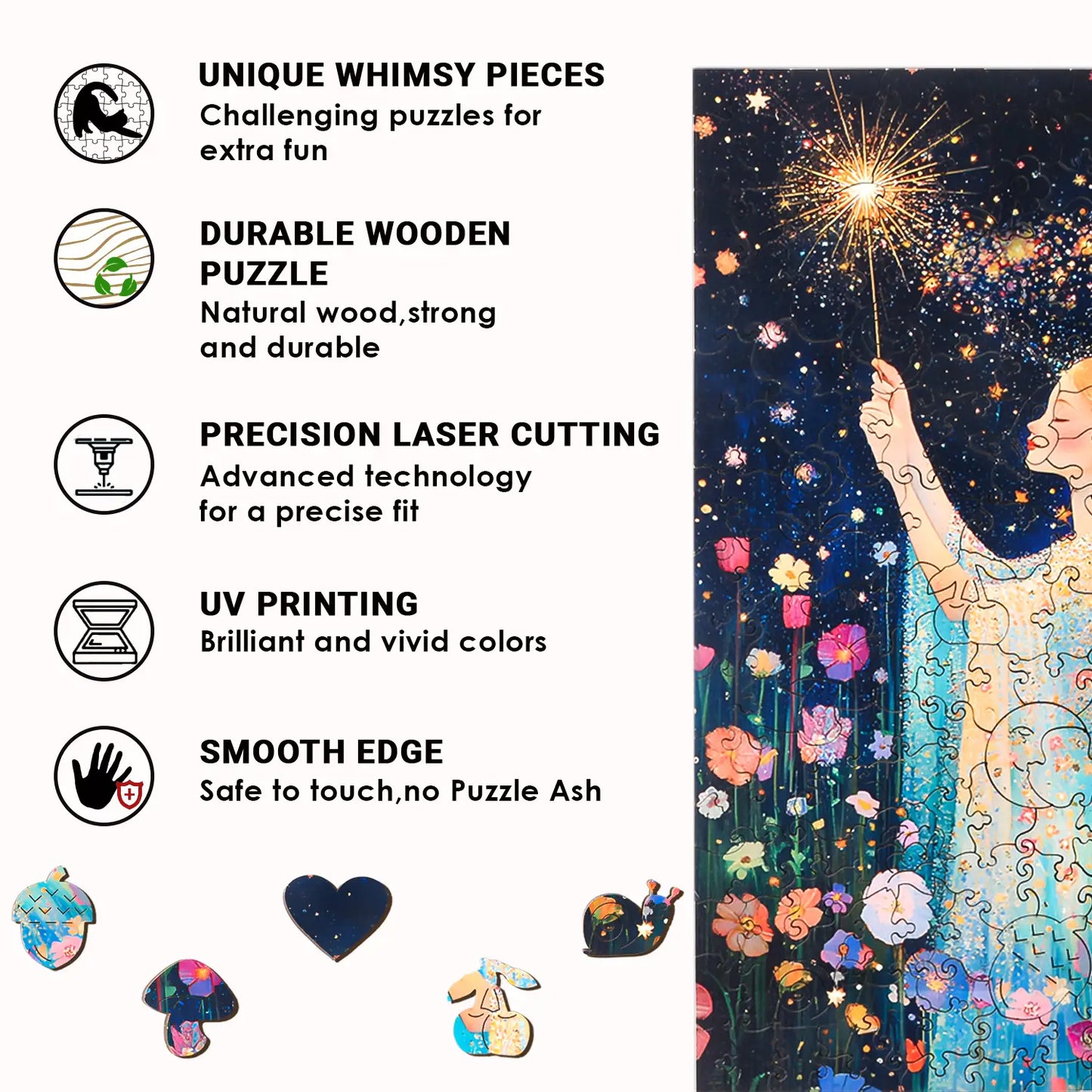 Illustration featuring a person with a sparkler surrounded by whimsical puzzle pieces. The Magic Fairy Wooden Jigsaw Puzzle by lycheepuzzles, designed for both adults and kids, showcases 200 uniquely shaped pieces crafted from durable wood. Precision laser cutting and UV printing on smooth edges enhance its enchanting design, providing an ideal stress relief experience.