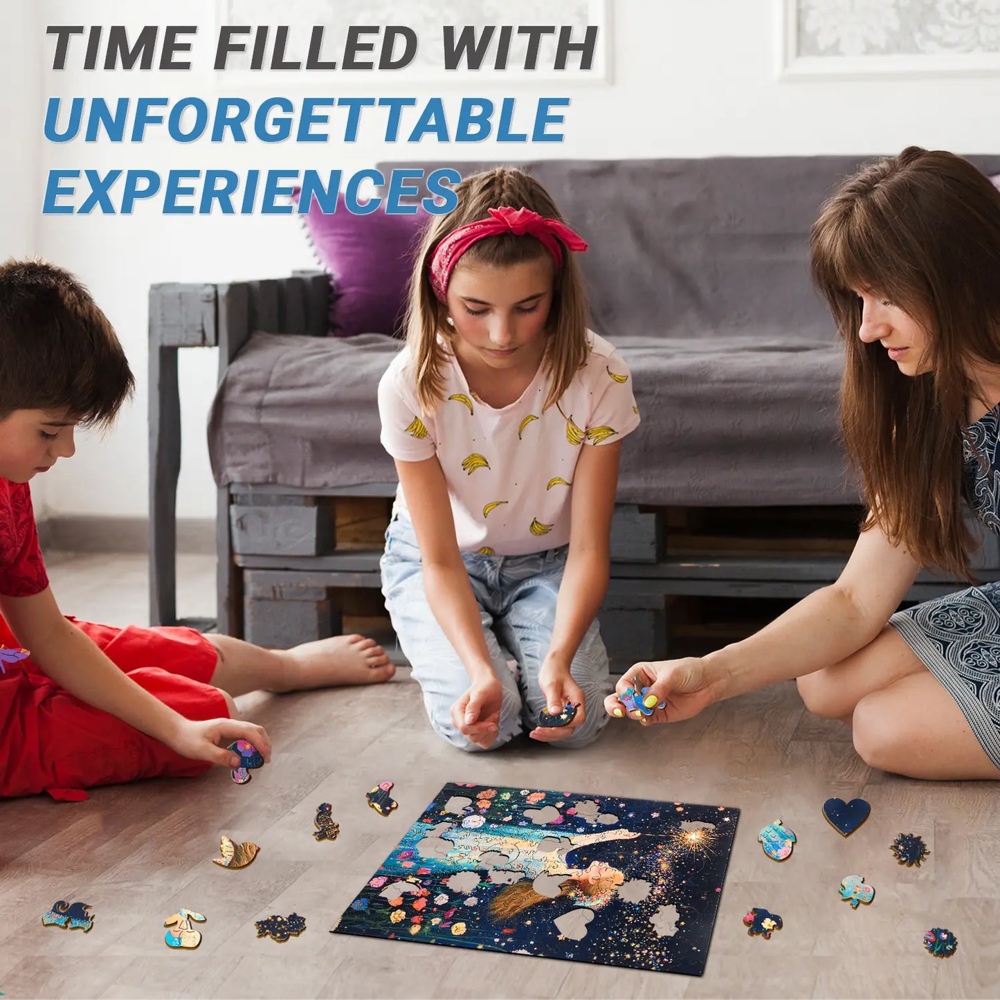 Children and an adult sitting on the floor piece together a "Magic Fairy" wooden jigsaw puzzle by lycheepuzzles, featuring 200 pieces of a captivating space scene. Above them, the text reads, "Time filled with unforgettable experiences and stress relief puzzles.