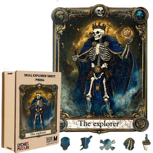 The "Skull Explorer Tarot" is a uniquely irregular, 200-piece wooden jigsaw puzzle from lycheepuzzles that highlights a skeleton figure adorned with a crown, blue cape, and staff. Crafted with UV technology for enhanced detail, this puzzle not only captivates but also provides stress relief. The product includes both the box and the completed image.