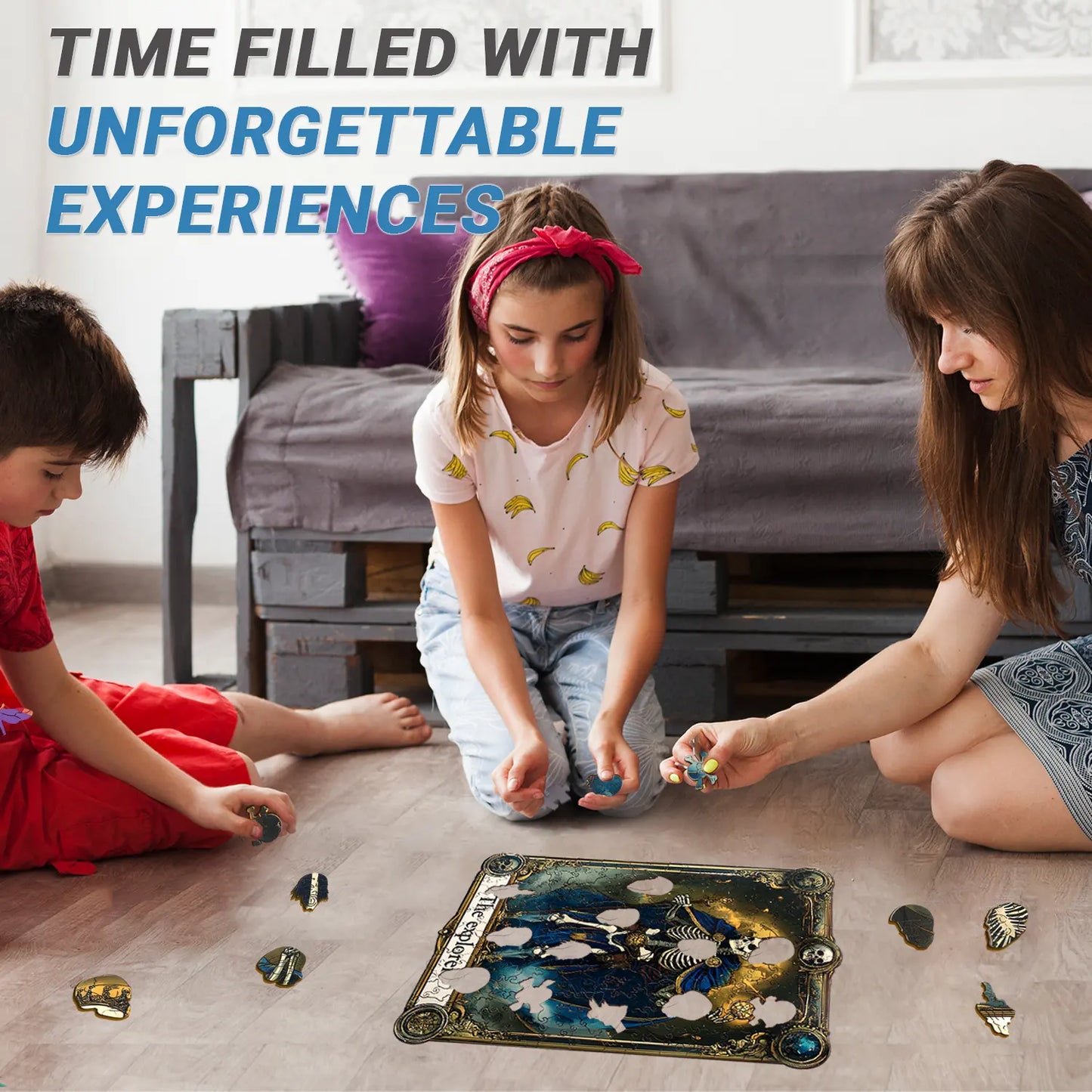 A woman and two children sit on the floor, engrossed in lycheepuzzles' Wooden Puzzles for Adults—a 200-piece jigsaw set featuring uniquely irregular explorer-shaped pieces—accompanied by the text "Time Filled with Unforgettable Experiences.