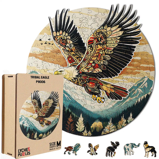 The Lycheepuzzles Eagle Wooden Jigsaw Puzzle for Adults by lycheepuzzles is a round 200-piece puzzle featuring a stylized tribal eagle set against a mountainous backdrop. Displayed finished next to its packaging, this distinctive adult puzzle includes precision-cut pieces, many of which are shaped like animals.