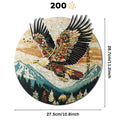 Introducing the Lycheepuzzles 200-piece Eagle Wooden Jigsaw Puzzle for Adults by lycheepuzzles, showcasing a stylized eagle soaring majestically above mountains and trees. Measuring 27.5 cm by 28.7 cm, this puzzle is an ideal gift for enthusiasts looking for a captivating challenge.