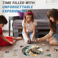 A woman and two children are engaged with an "Eagle" themed puzzle, carefully assembling each piece on the floor. Text in the corner reads "Time filled with unforgettable experiences." This puzzle is from lycheepuzzles: Lycheepuzzles 200pcs Eagle Wooden Jigsaw Puzzle for Adults.