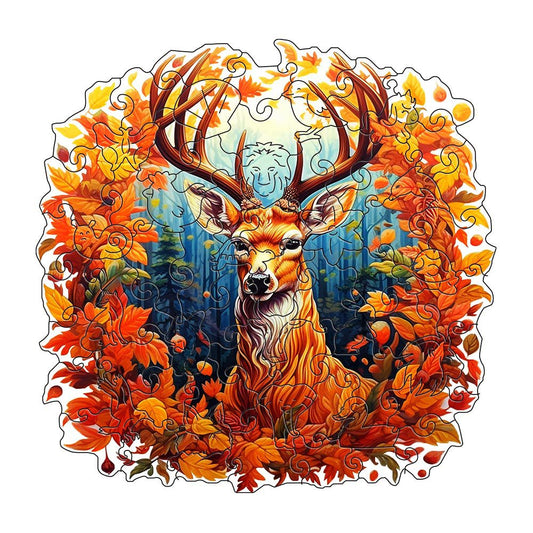 The Colorful Deer Wooden Puzzle for Adults by lycheepuzzles features an intricately designed autumn scene with a vibrant deer surrounded by orange and yellow leaves, set against a stunning blue and green backdrop. This perfect gift idea also boasts unique puzzle shapes, offering both stress relief and a delightful challenge.