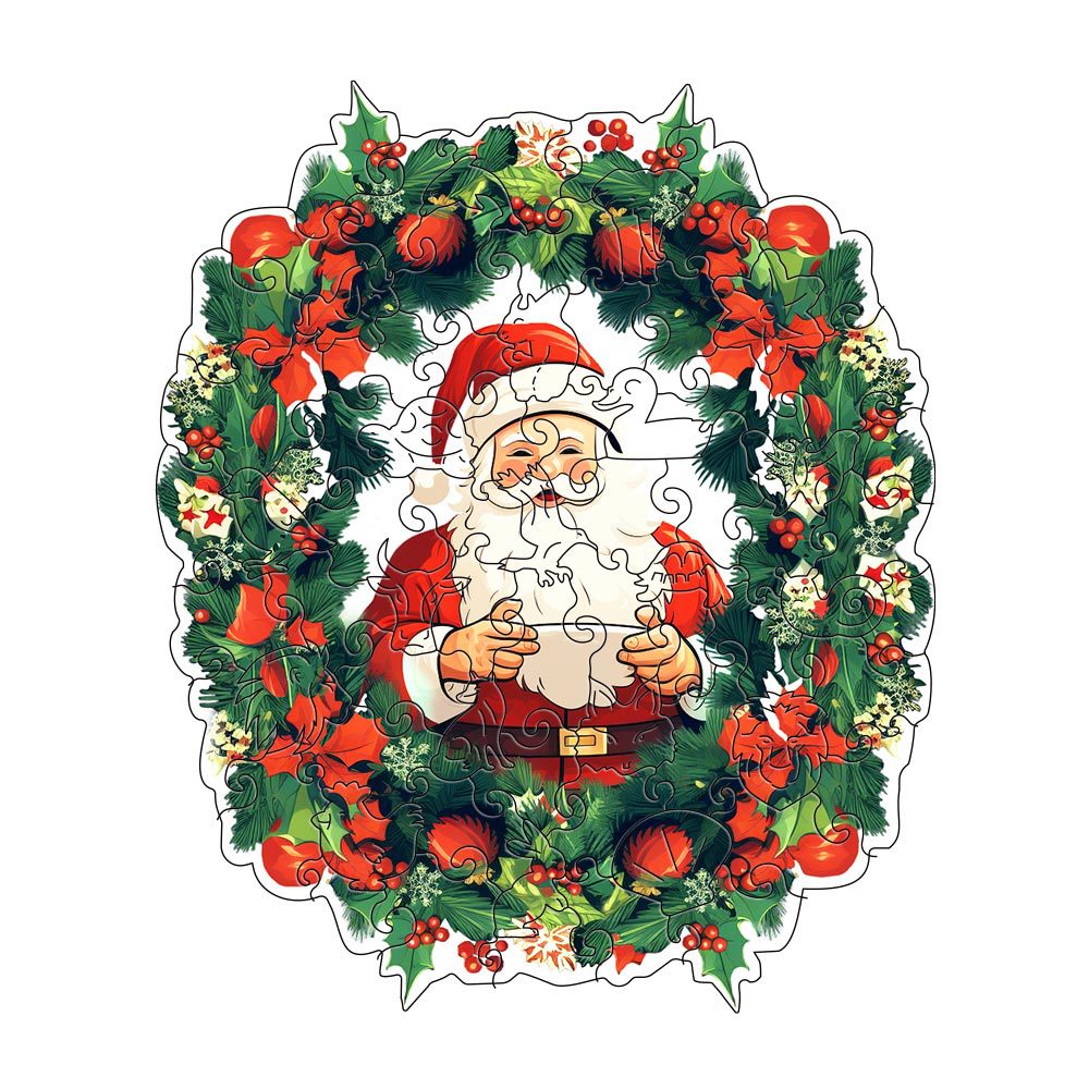 The lycheepuzzles Wooden Jigsaw Puzzles for Adult Christmas Santa Claus features a depiction of Santa Claus encased in a festive wreath adorned with holly, ivy, and ornaments. With its unique puzzle shapes, this product not only adds charm but also serves as an ideal stress relief during the holiday season.