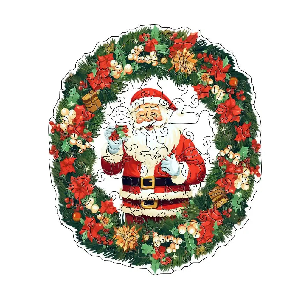 The Christmas Santa Claus Wooden Jigsaw Puzzle by lycheepuzzles showcases an image of Santa Claus holding a candy cane amidst a festive wreath adorned with red poinsettias, holly berries, and green leaves. Its distinctive puzzle shapes provide a delightful stress relief experience during holiday preparations.