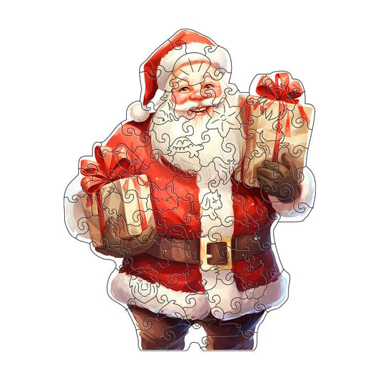 Depiction of Santa Claus holding two wrapped gifts, skillfully crafted as a jigsaw puzzle by lycheepuzzles, titled "Santa Claus Wooden Jigsaw Puzzles for Adults Family Friend Puzzle Lovers.