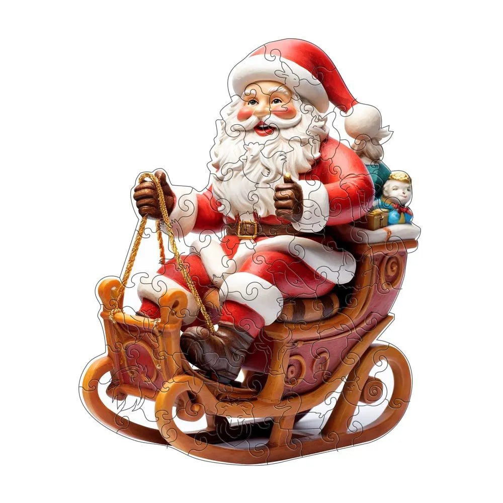 Experience stress relief with the lycheepuzzles Santa Claus Sitting Chair Wooden Puzzle, showcasing Santa riding a sleigh and holding reins while a doll sits behind him, all crafted from uniquely shaped wooden pieces.