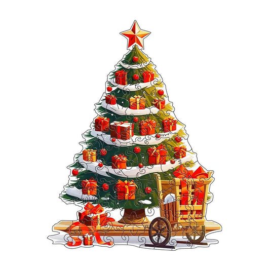 The lycheepuzzles Christmas Tree Wooden Jigsaw Puzzle for Adults and Friends showcases a beautifully decorated tree with uniquely shaped puzzle pieces featuring red ornaments and gifts. Accompanying the tree is a charming wooden cart filled with presents, making it a delightful choice for anyone looking to unwind through captivating activities.