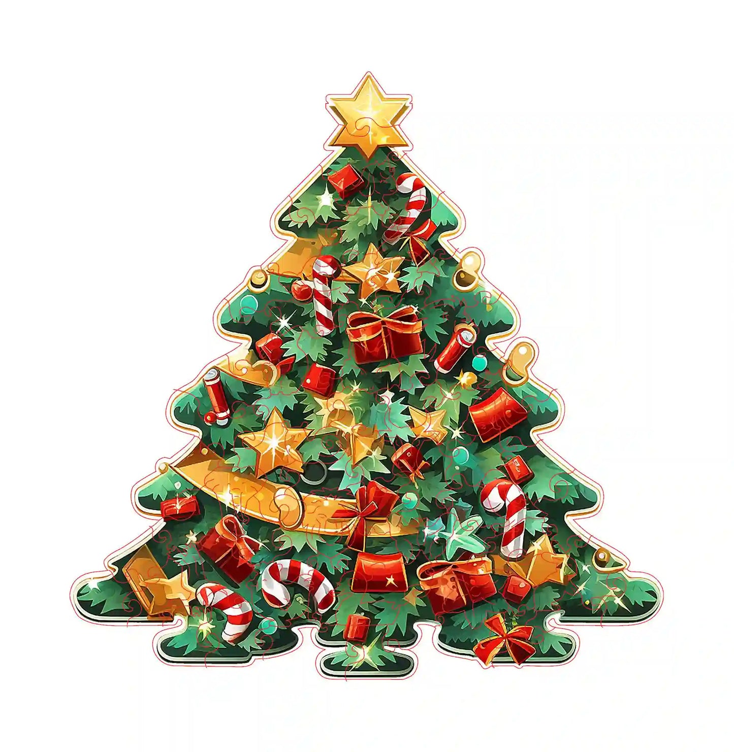 A beautifully illustrated Christmas tree adorned with stars, candy canes, ribbons, and ornaments stands tall above a cluster of wrapped gifts. Among these presents is the lycheepuzzles’ Christmas Tree Wooden Jigsaw Puzzles for Adults, featuring unique shapes designed to offer perfect stress relief during the festive season.