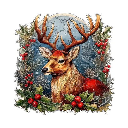 Experience the "Christmas Deer Wooden Jigsaw Puzzles" by lycheepuzzles, featuring a captivating deer illustration with grand antlers surrounded by holly and red berries, all set against a snowy blue backdrop. This stress-relief puzzle comes with uniquely shaped pieces for an engaging challenge suitable for both adults and kids.