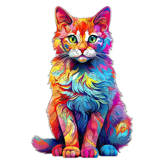 A depiction of a seated cat featuring brightly multicolored, swirling fur designs on a simple white backdrop, evoking the distinctive shapes of the "Cat Wooden Jigsaw Puzzles for Adults Family Game" by lycheepuzzles.