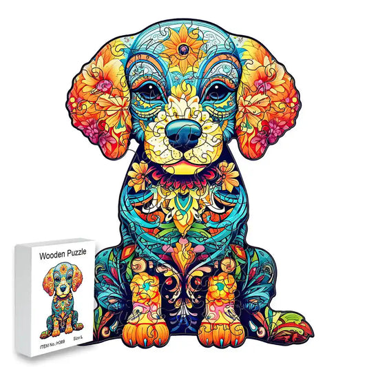 This vibrant puzzle from lycheepuzzles, known as the Dog Wooden Jigsaw Puzzles for Adults Unique Shape, is crafted in an intricate dog shape with patterns in shades of blue, orange, and yellow. It comes with a coordinating box that features the same charming design, making it an excellent option for those looking to alleviate stress through captivating puzzles.