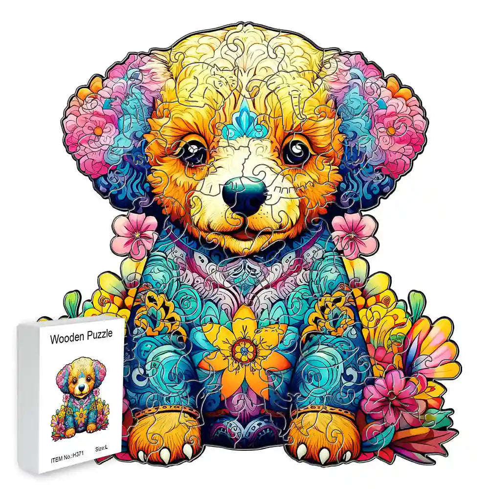 The Lovely Dog Wooden Puzzles for Adults by lycheepuzzles features a vibrant and intricate design of a dog, accented with unique puzzle shapes and surrounded by flowers. This charming stress relief puzzle comes in an eye-catching box, making it an ideal gift for birthdays, Christmas, or Halloween.