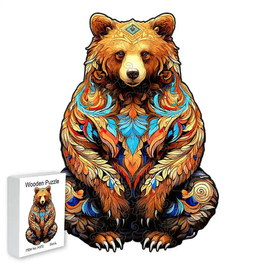 The "Wooden Puzzles for Adults Bear Design" by lycheepuzzles, featuring vivid multicolored patterns and uniquely shaped pieces beside its packaging, provides an enjoyable form of stress relief.