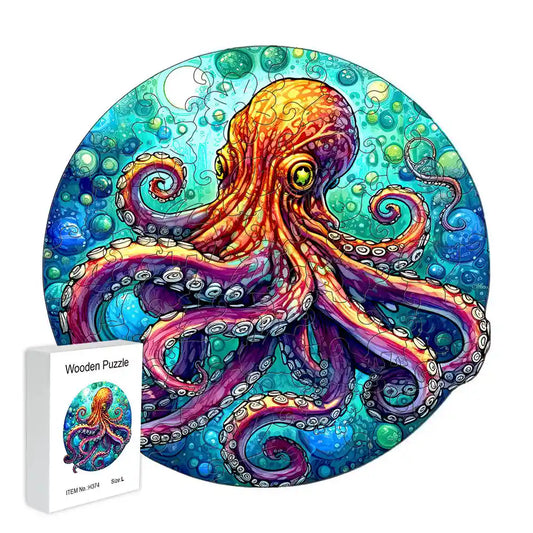 Introducing the "Sea Octopus Wooden Jigsaw Puzzles for Adults" by lycheepuzzles, featuring a vibrant illustration of an octopus with uniquely shaped pieces that provide excellent stress relief. The packaging displays the vivid colors achieved with UV technology, complementing the design beautifully.