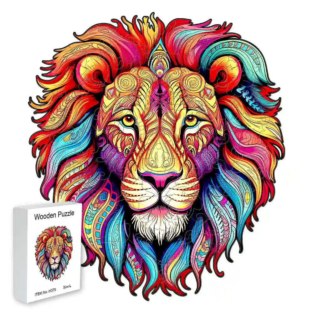 The Lion Wooden Jigsaw Puzzle by lycheepuzzles features a vibrant and detailed lion face design, complete with intricate patterns and distinctive puzzle shapes, all elegantly packaged in a beautifully crafted wooden box. Perfect as a creative gift for adults, kids, or family game nights.