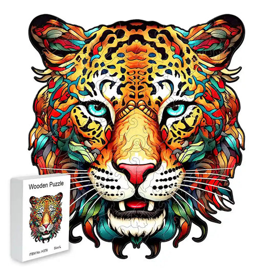 The Agile Leopard Wooden Jigsaw Puzzle from lycheepuzzles provides stress relief with its vibrant and intricately designed puzzle shapes, depicting a leopard's face. The box features the same captivating design.