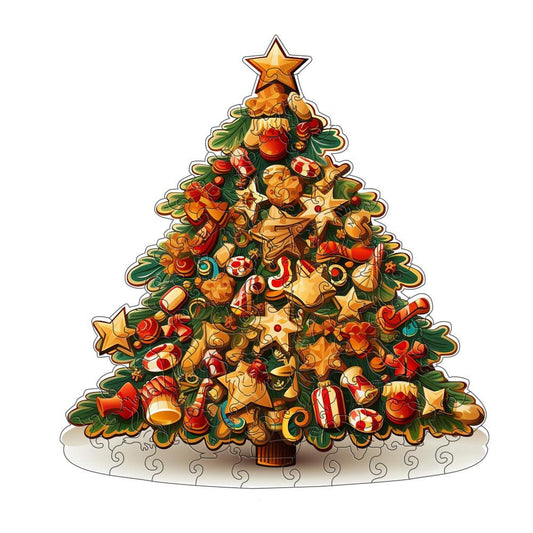 The Christmas Tree Wooden Jigsaw Puzzle for Adults by lycheepuzzles features an illustration of a Christmas tree adorned with various festive decorations such as stars, candy canes, bells, and ornaments, all set against a white background. The intricate details make it a delightful stress-relief activity for viewers.