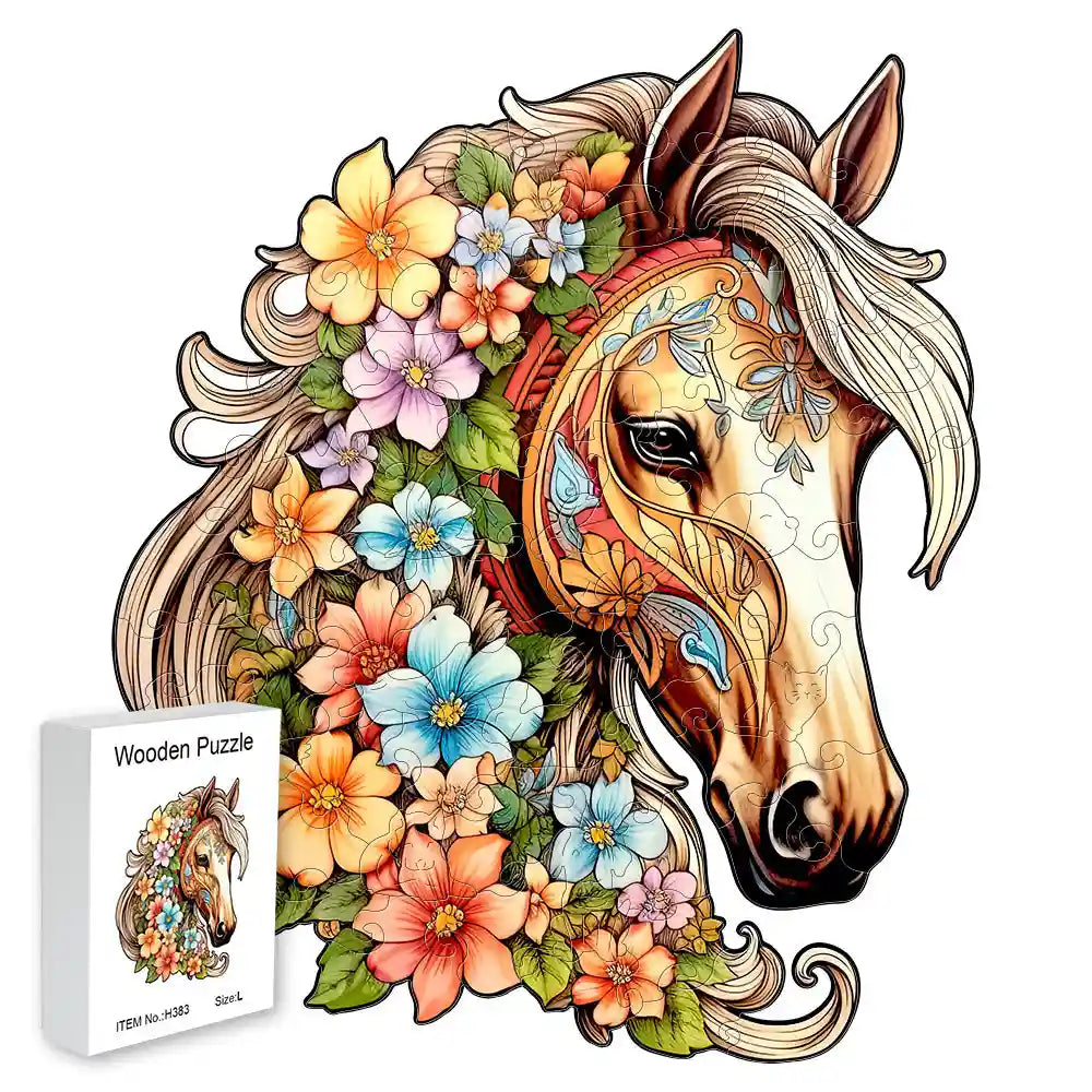 A vibrant Wooden Horse Jigsaw Puzzle by lycheepuzzles showcases floral motifs with uniquely shaped pieces that blend seamlessly into the horse's mane. A box marked "Wooden Puzzle" sits prominently in the foreground, offering a promise of stress relief.